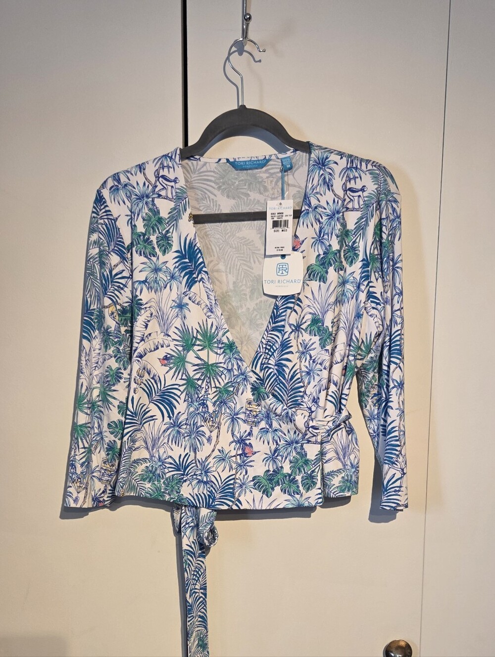 Tori Richard Blue, Green & White Tropical Wrap Blouse